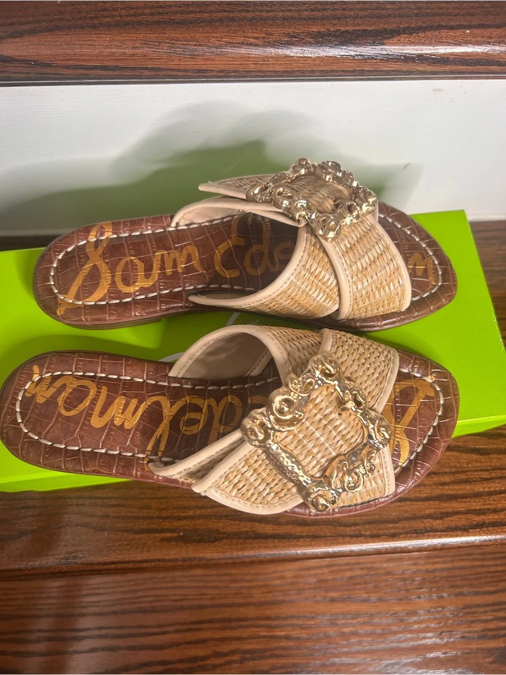 Sam Edelman Gracyn Woven Natural Crossband Slide Sandal with Gold Buckle, 5M - Picture 12 of 15